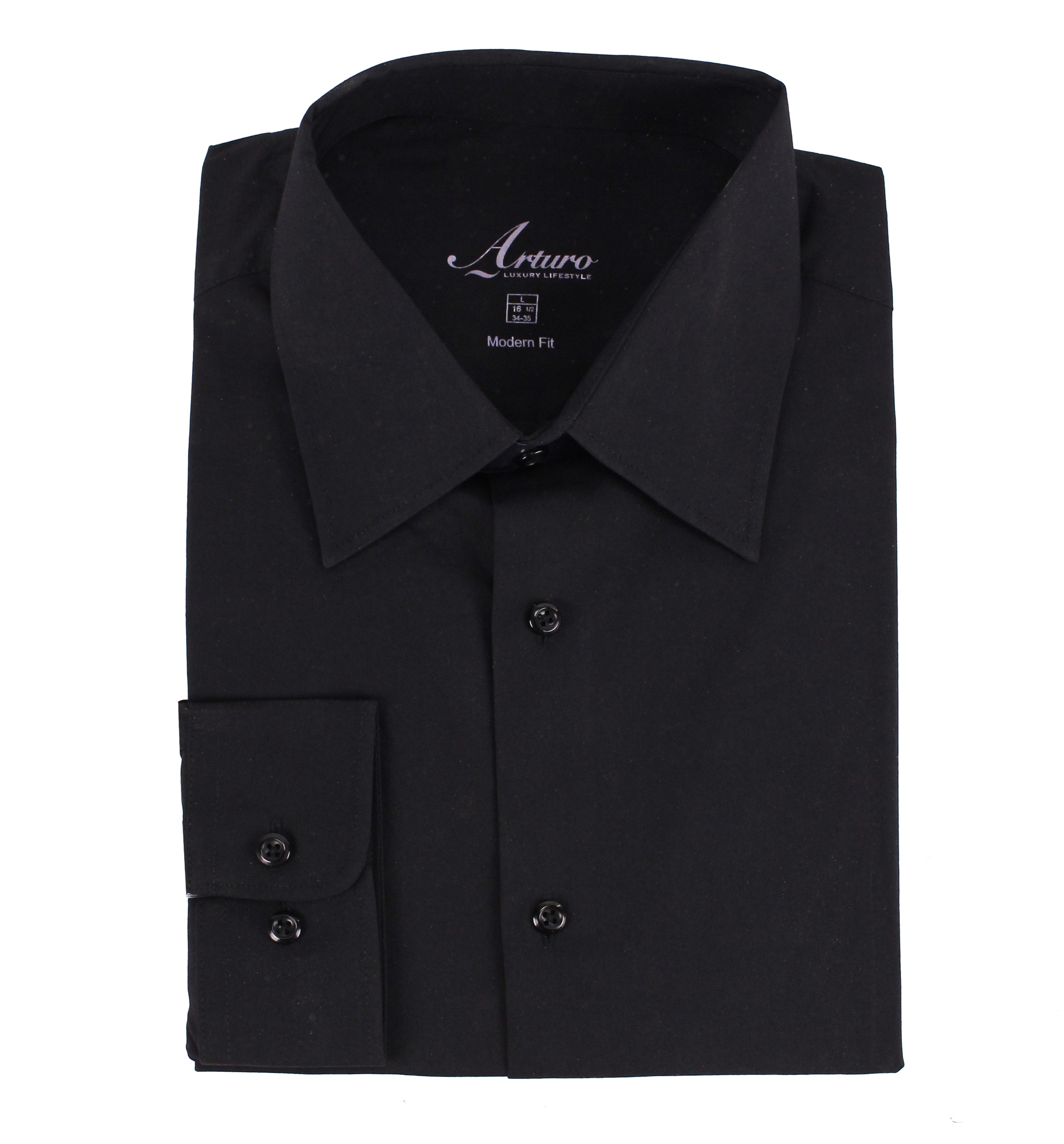 A folded black dress shirt with a pointed collar and button front, shown on a plain white background. The inside collar displays the brand name 'Arturo' and 'Modern Fit'.