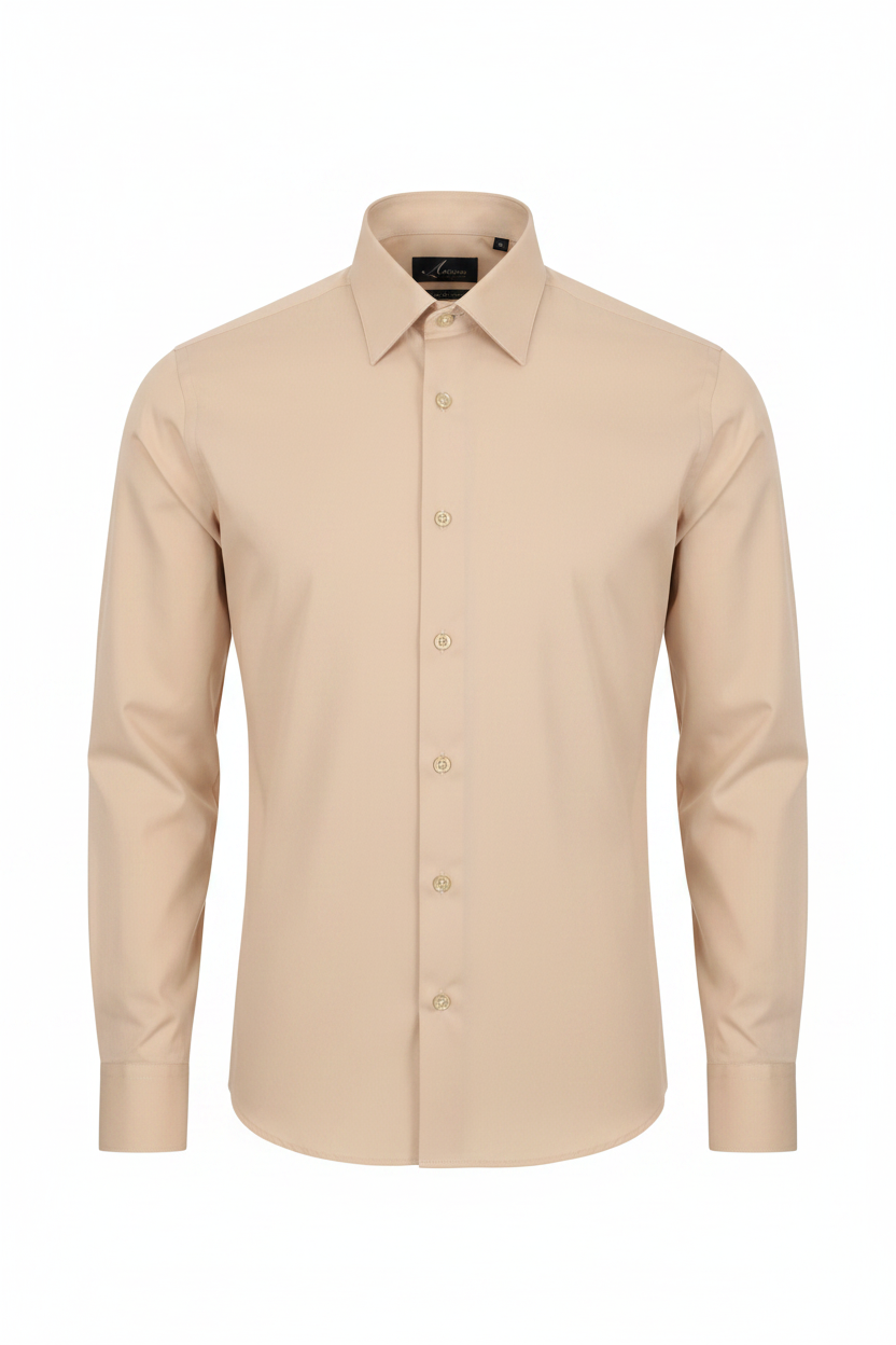 A champagne long-sleeve button-down shirt with a classic collar, displayed on a clean white background.