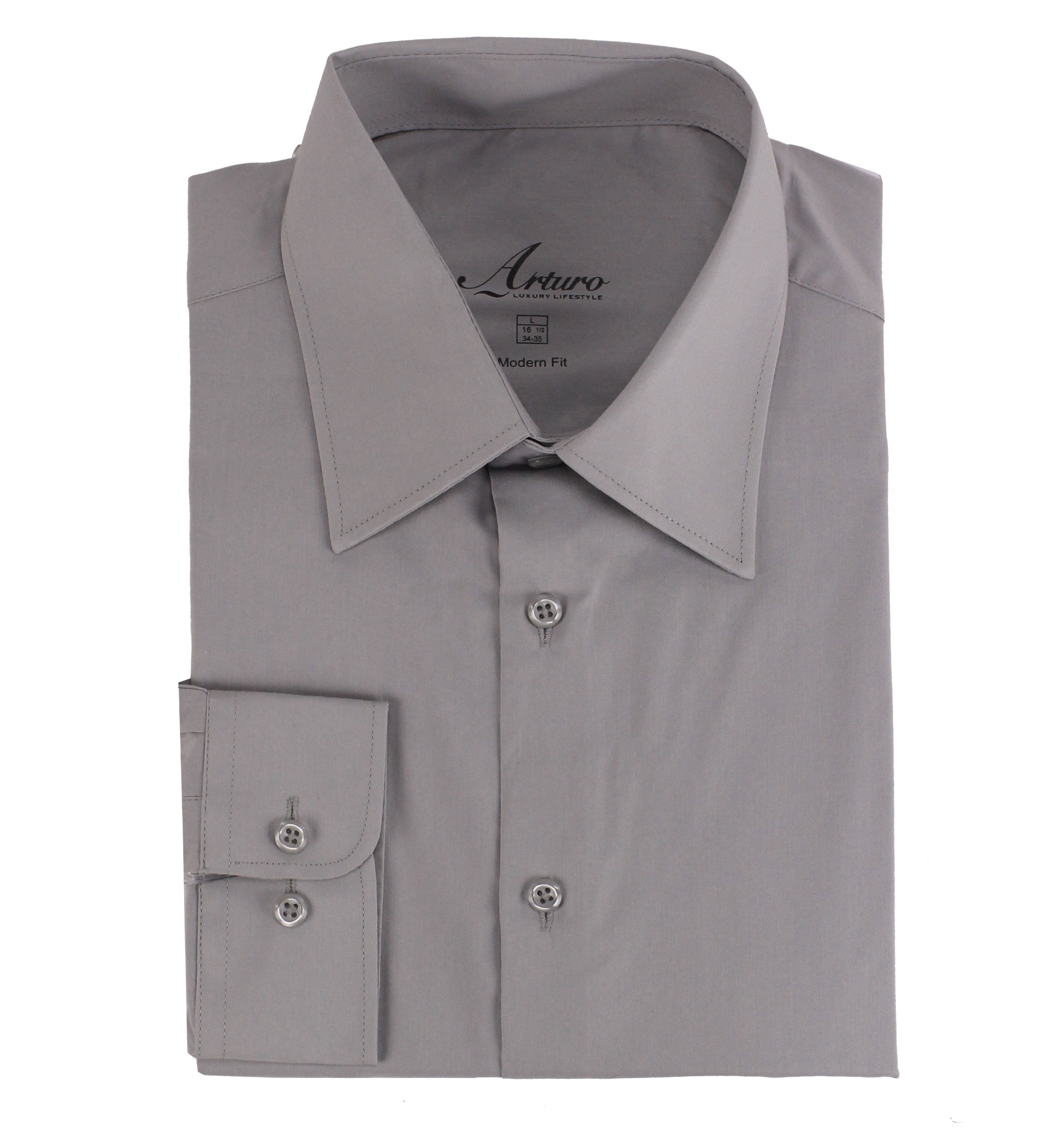 A folded light gray long-sleeve dress shirt with a pointed collar and button-down front, displayed on a clean white background. The brand name 'Arturo' is visible on the inner neck label.