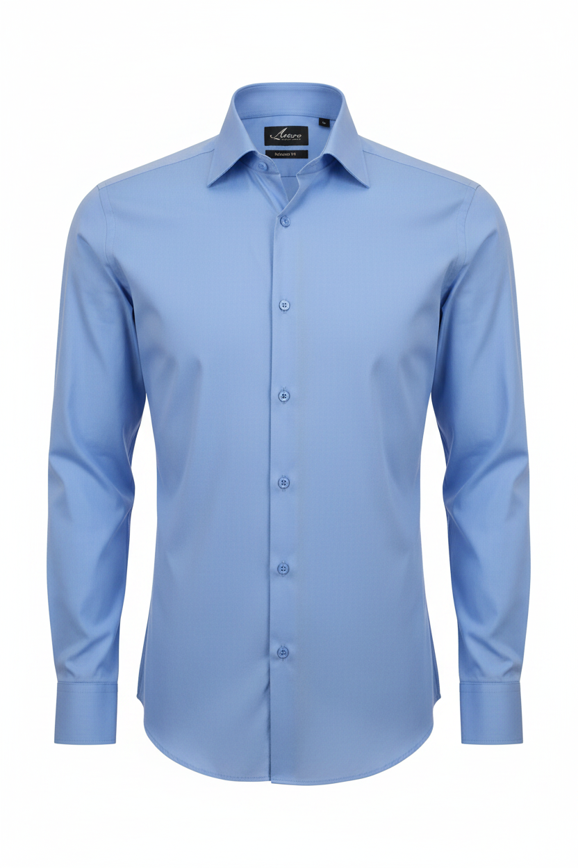 A light blue long-sleeve dress shirt with a pointed collar and button-down front, shown on a plain white background.