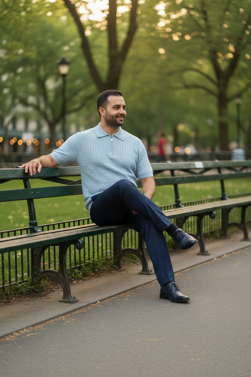 Man sitting on a bench in a park with trees and greenery in the background