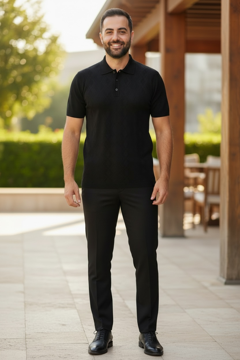Man wearing a black polo shirt and pants standing outdoors.
