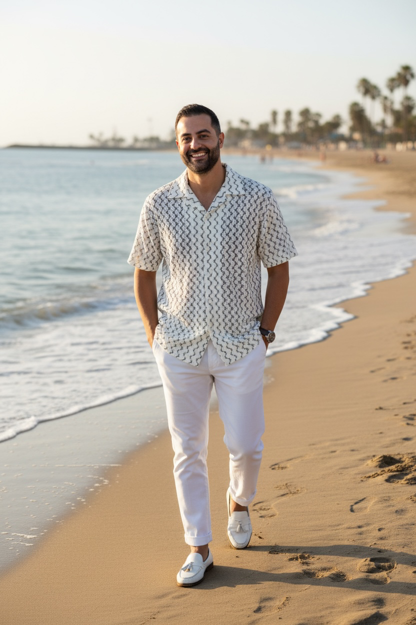 Man standing on a beach wearing a patterned shirt and white pants.