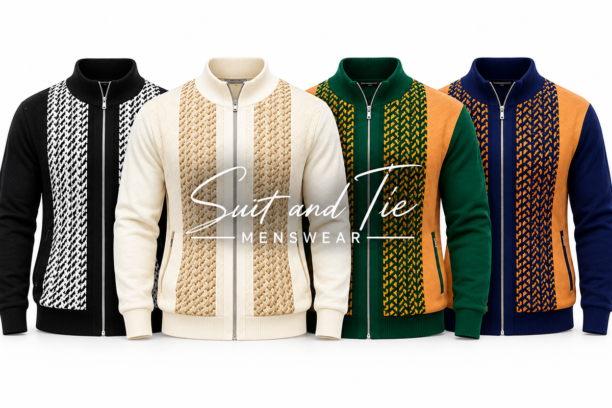 Four men's zip-front jacket styles displayed side by side on a white background, each with a contrasting patterned yoke and solid lower body. A large 'Suit and Tie MENSWEAR' watermark overlays the center.
