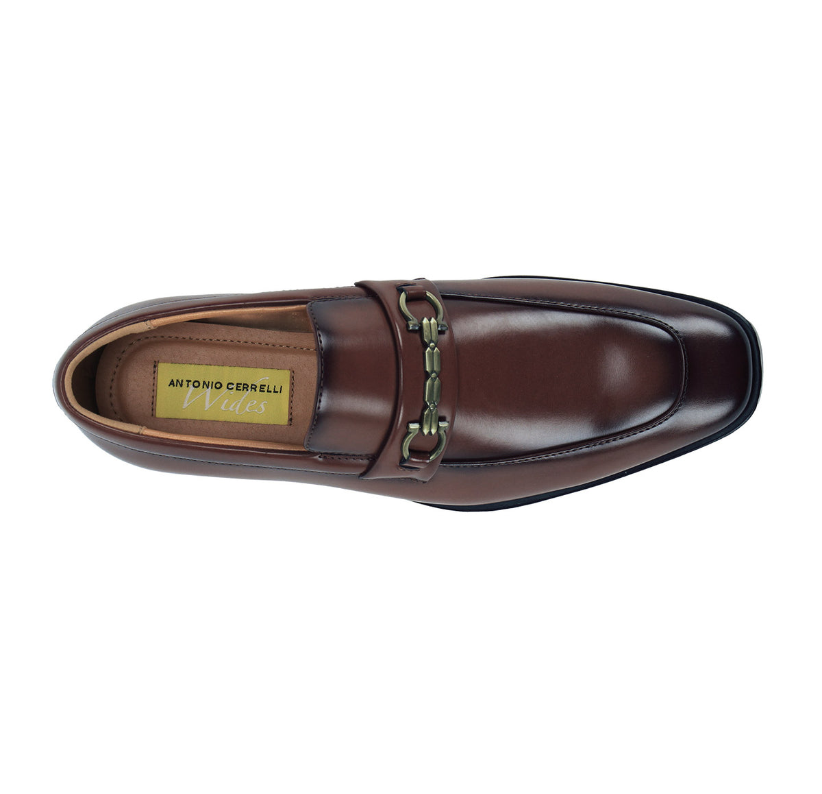 A single brown leather loafer by Antonio Cerbelli, shown from a top-down view on a plain white background. The shoe features a polished finish, a decorative horsebit strap with antique bronze hardware, and a tan brand label visible inside the collar.