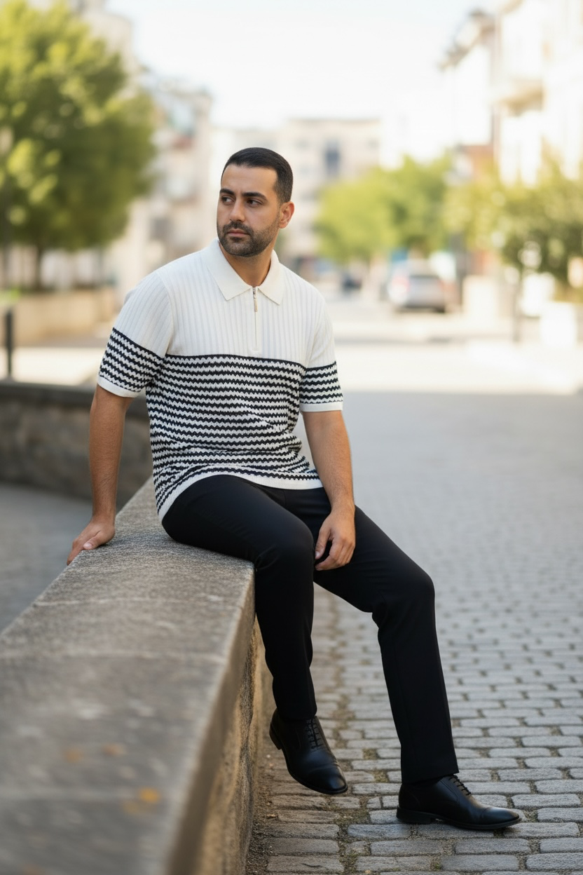 Man sitting on a ledge wearing a black and white striped sweater and black pants.
