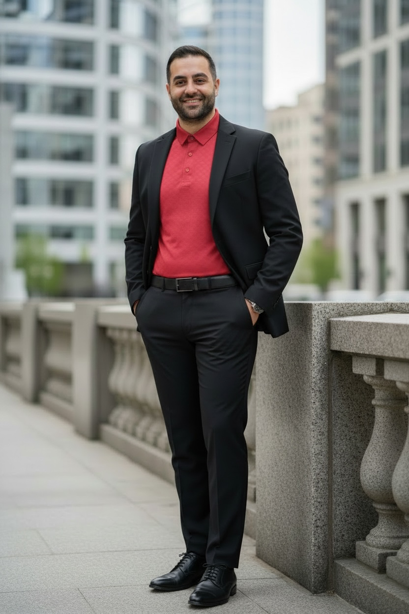 Man in a black suit and red shirt standing in an urban setting