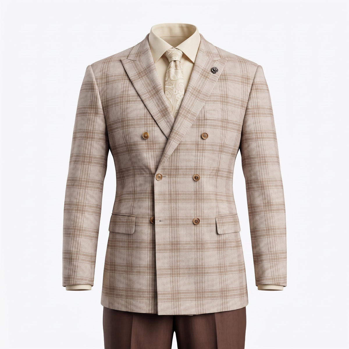 A beige and brown plaid double-breasted suit jacket displayed on a mannequin torso, styled with a cream dress shirt and patterned tie against a plain white background.