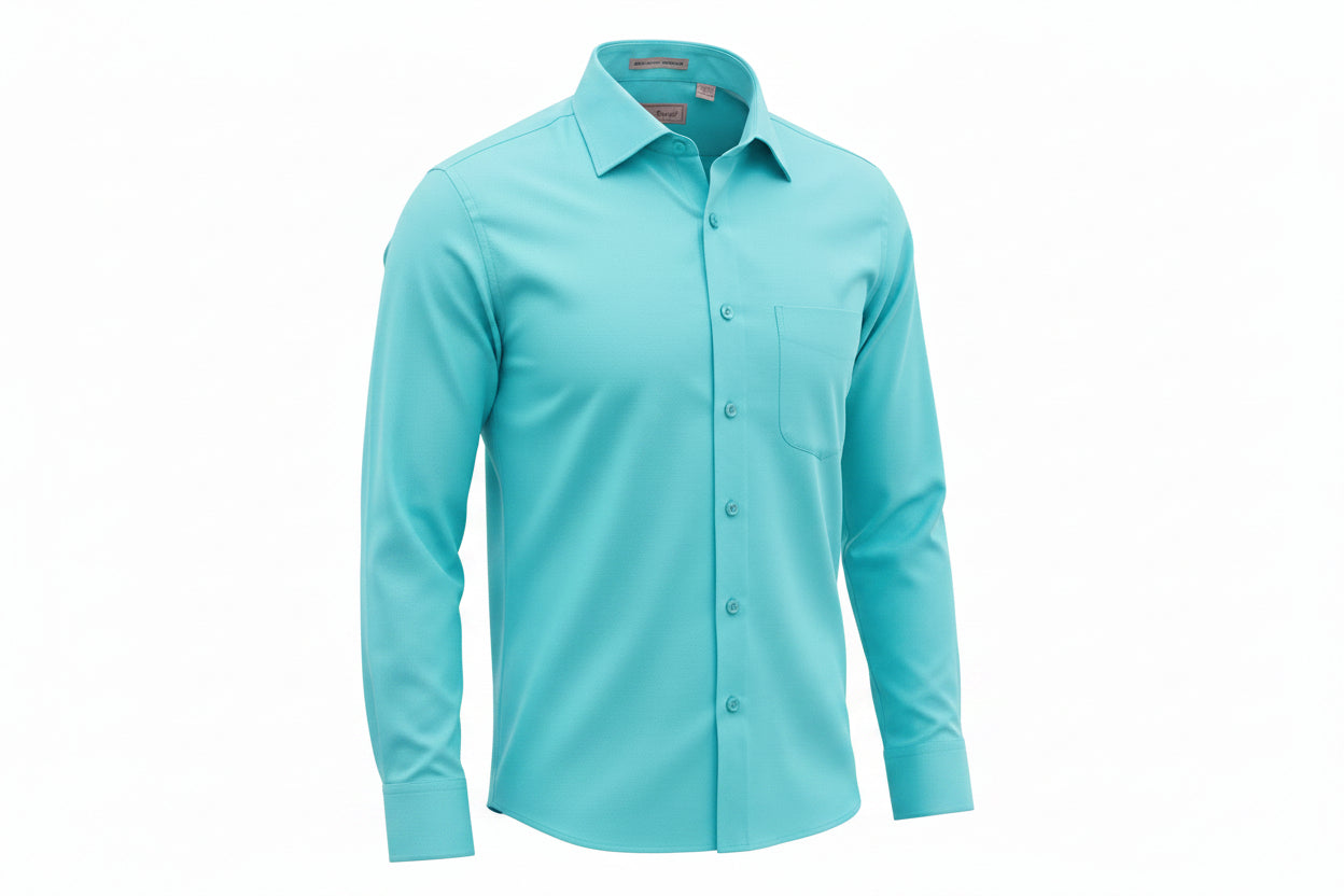 A men's long-sleeve button-down dress shirt in a bright turquoise or light aqua color, shown on a plain white background.