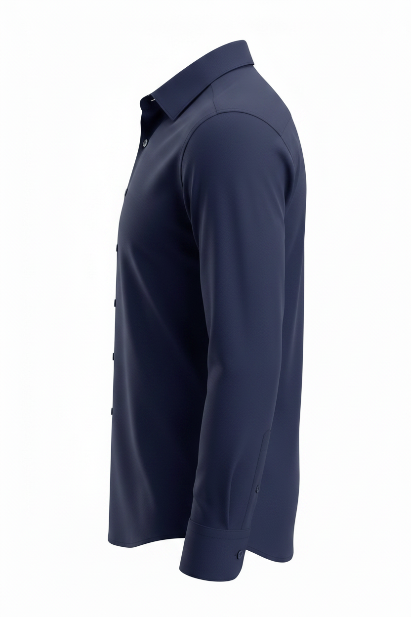 A navy blue long-sleeve button-down shirt shown in a side profile view against a solid white background.