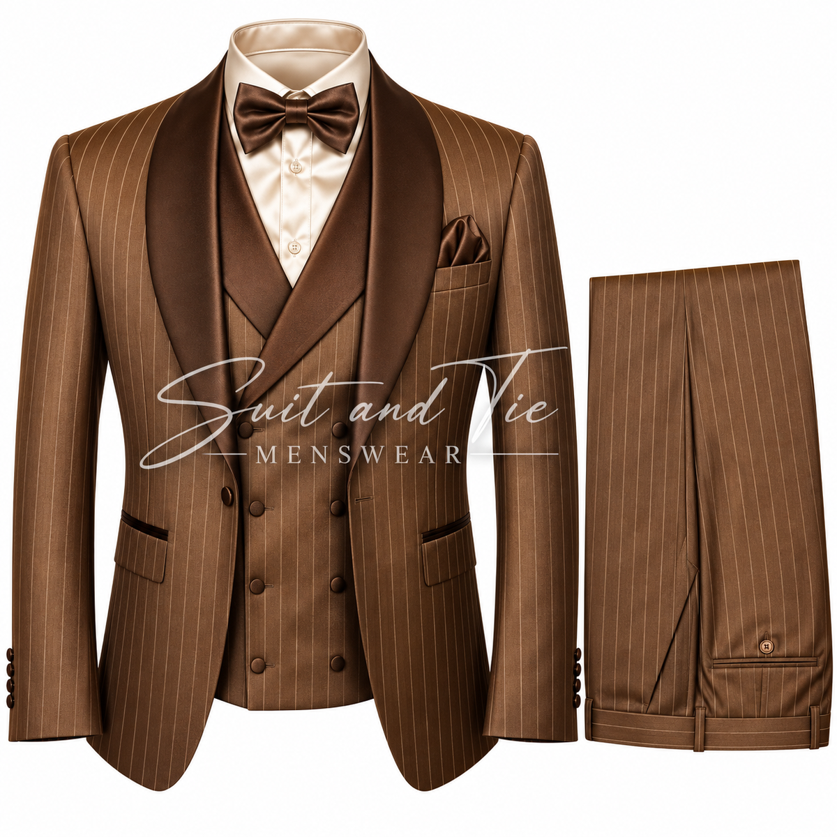 A men's brown pinstripe suit set featuring a single-breasted jacket with satin peak lapels, a matching three-piece vest, a cream dress shirt, a brown bow tie, and matching trousers shown alongside on a white background.