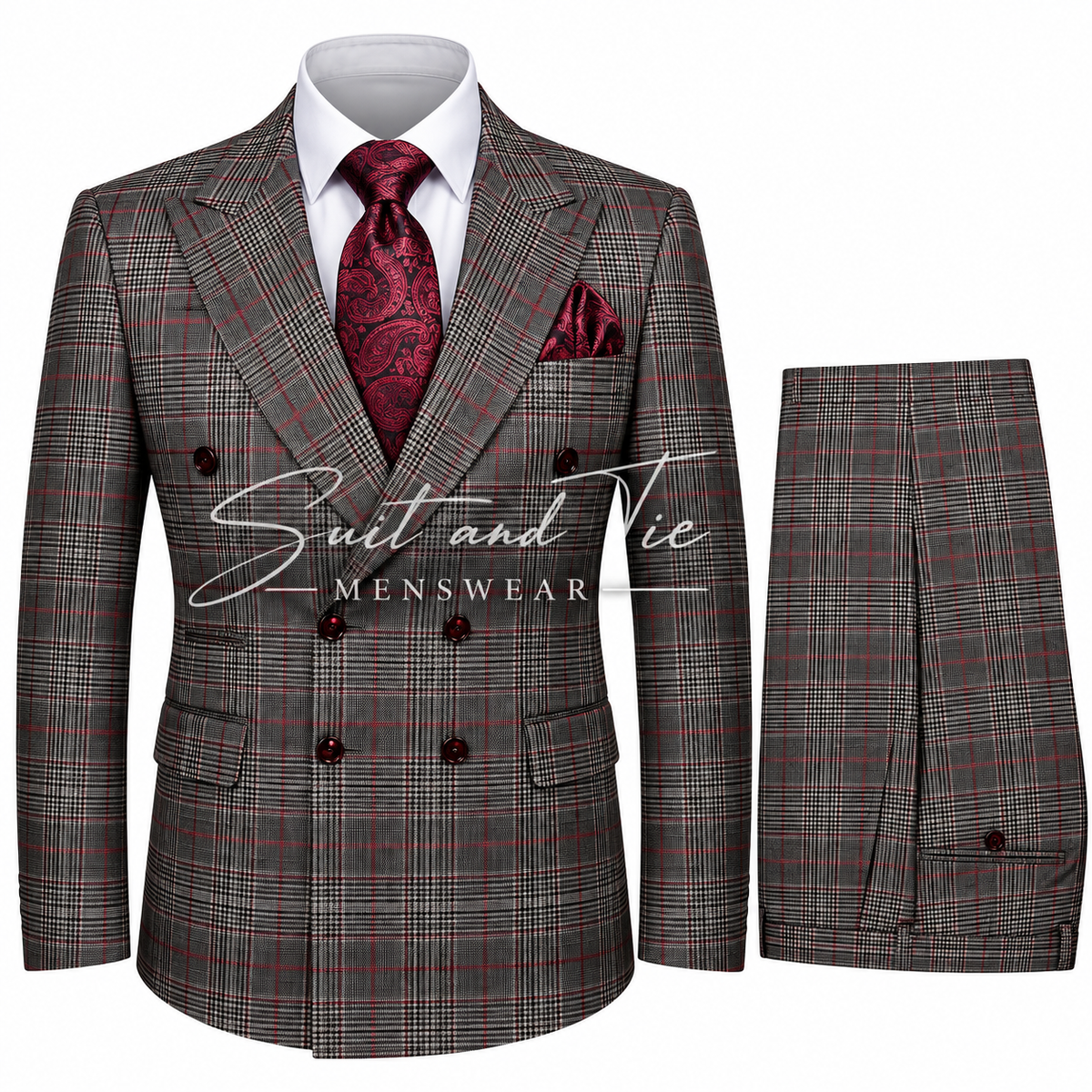 A men's double-breasted suit set featuring a brown and red plaid blazer with matching trousers, styled with a white dress shirt, a red paisley tie, and a matching pocket square. A watermark reading 'Suit and Tie MENSWWEAR' is overlaid across the center.