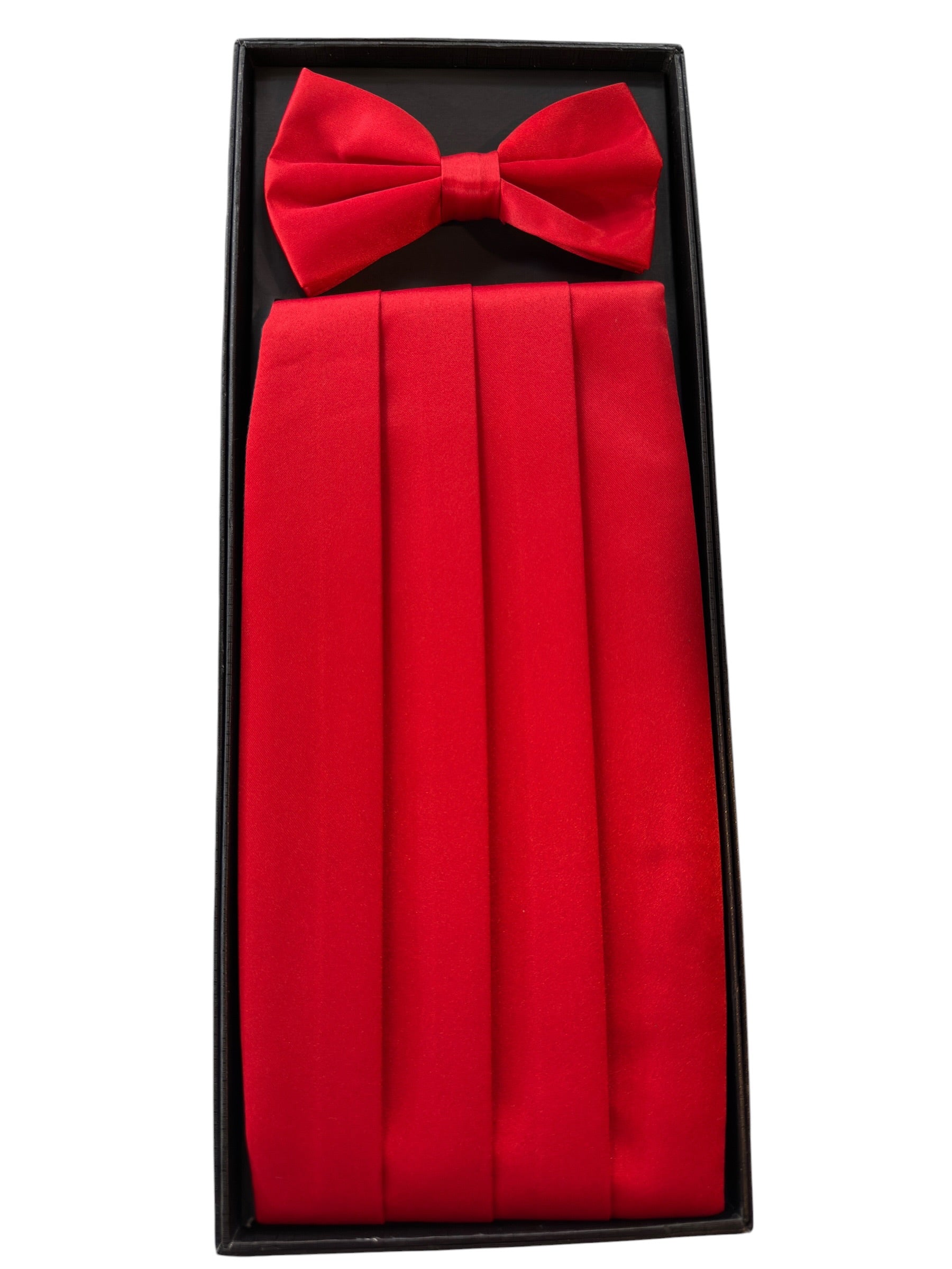 A red pleated formal cummerbund set with a matching bow tie, presented in a black gift box against a white background.