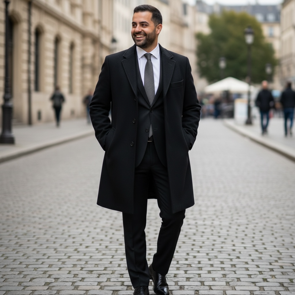 Man in a black suit standing on a city street