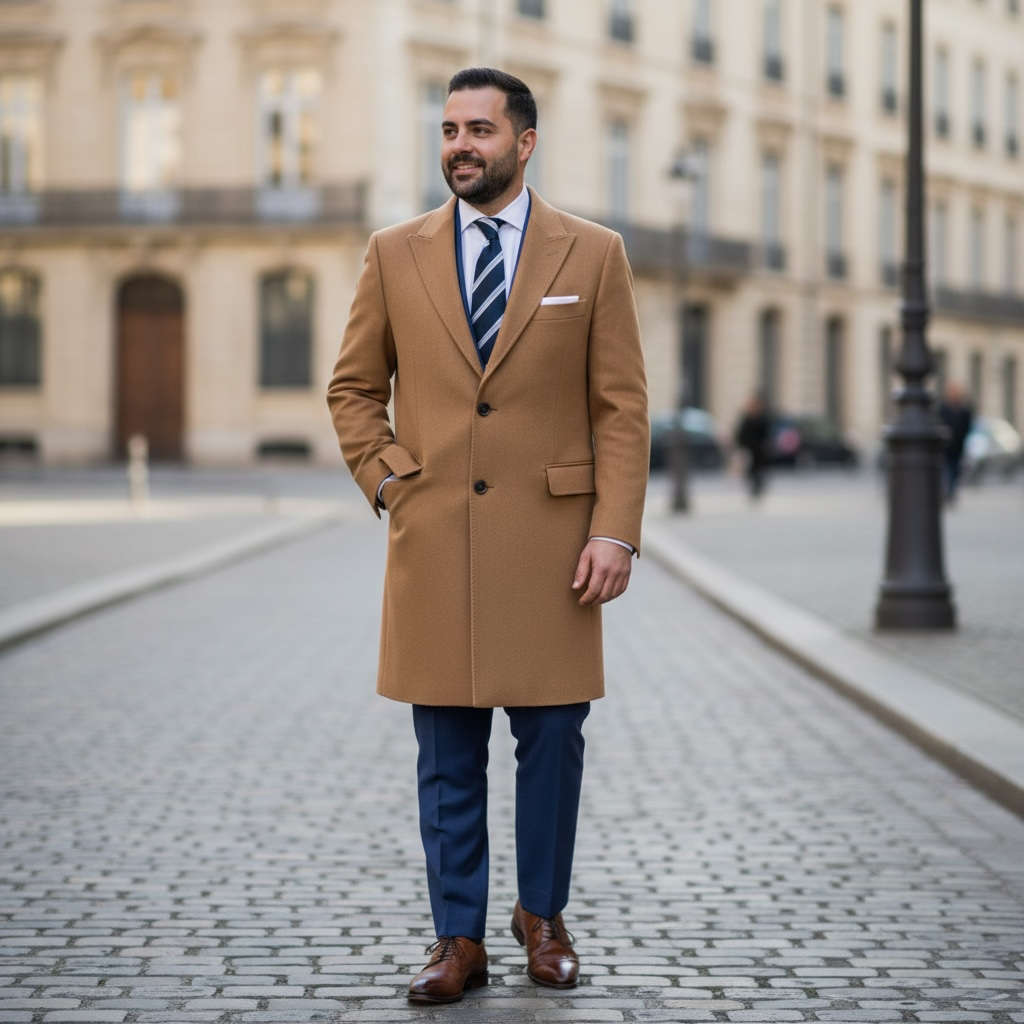 Man in a Camel coat and blue suit standing on a city street