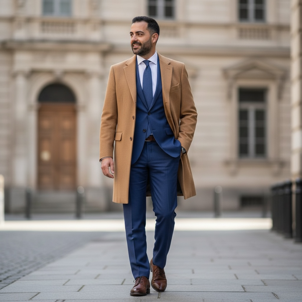 Man in a camel coat and blue suit walking in an urban setting