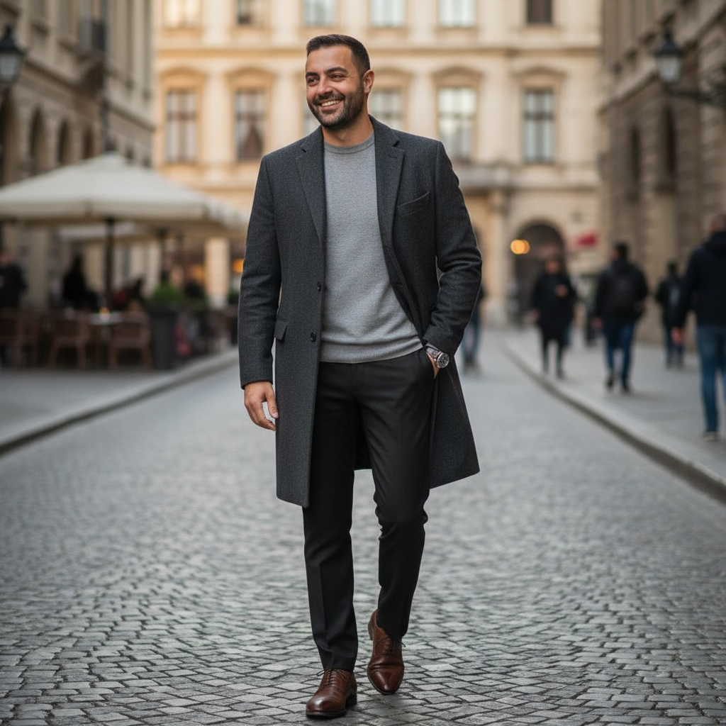 Man walking on a cobblestone street in an urban setting