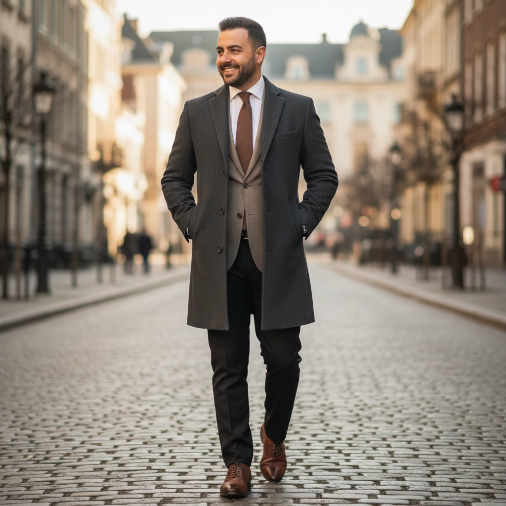 Man in a suit walking down a city street