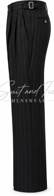Black pinstripe pleated trousers with a belt and a small gold button on the pocket, shown on a white background with a 'Suit and Tie' watermark.