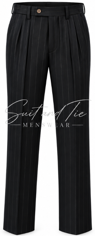 Black pinstripe trousers with a high waist and front pleats, shown on a white background with a 'Suit and Tie Menswear' watermark across the center.