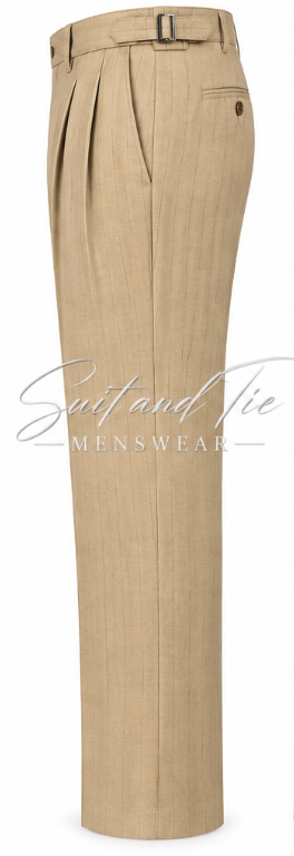 Tan pleated trousers with a belt loop and a single button pocket, shown on a white background with a 'Suit and Tie Menswear' watermark.
