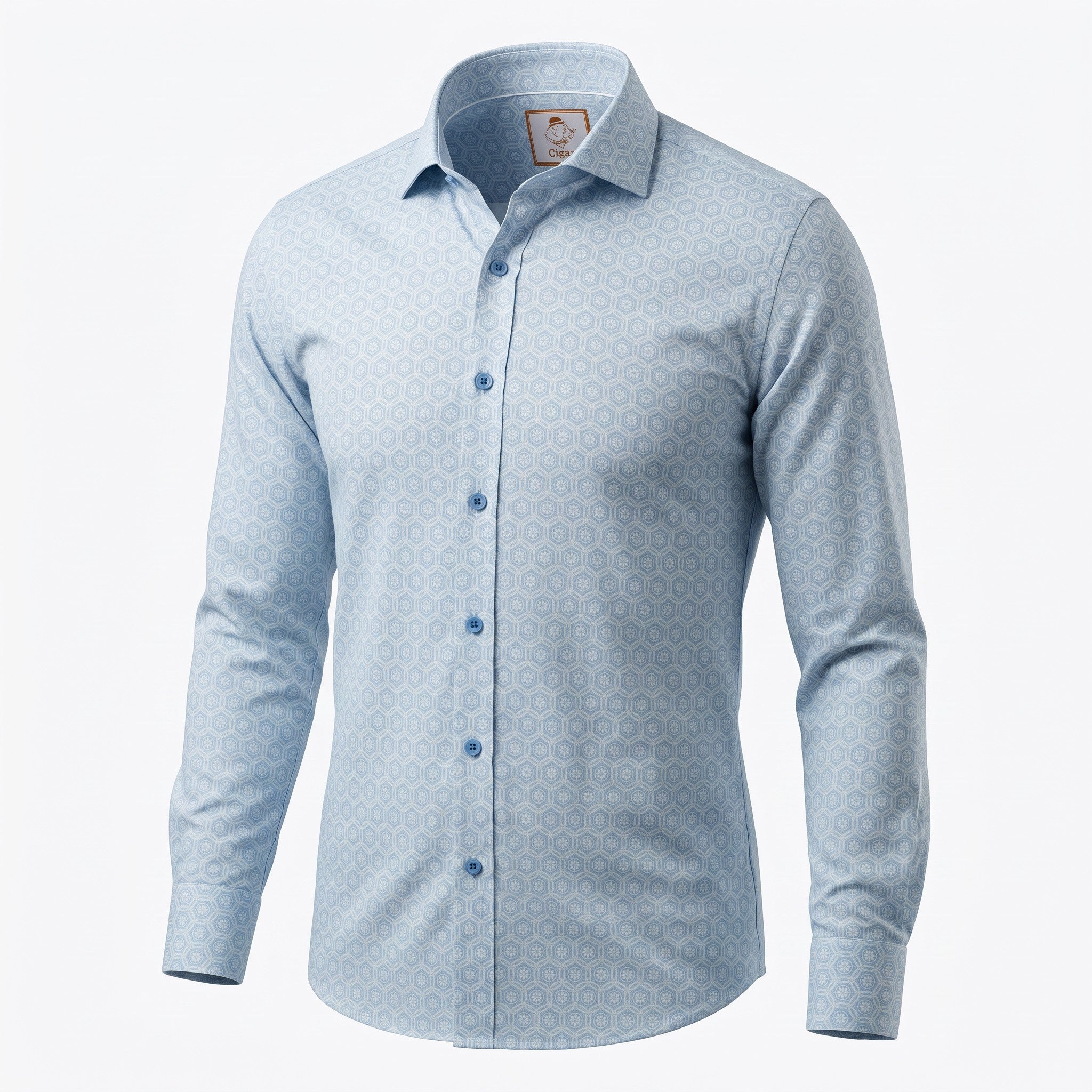 A men's long-sleeve button-down dress shirt in light blue with a subtle repeating geometric pattern, shown on a white background.