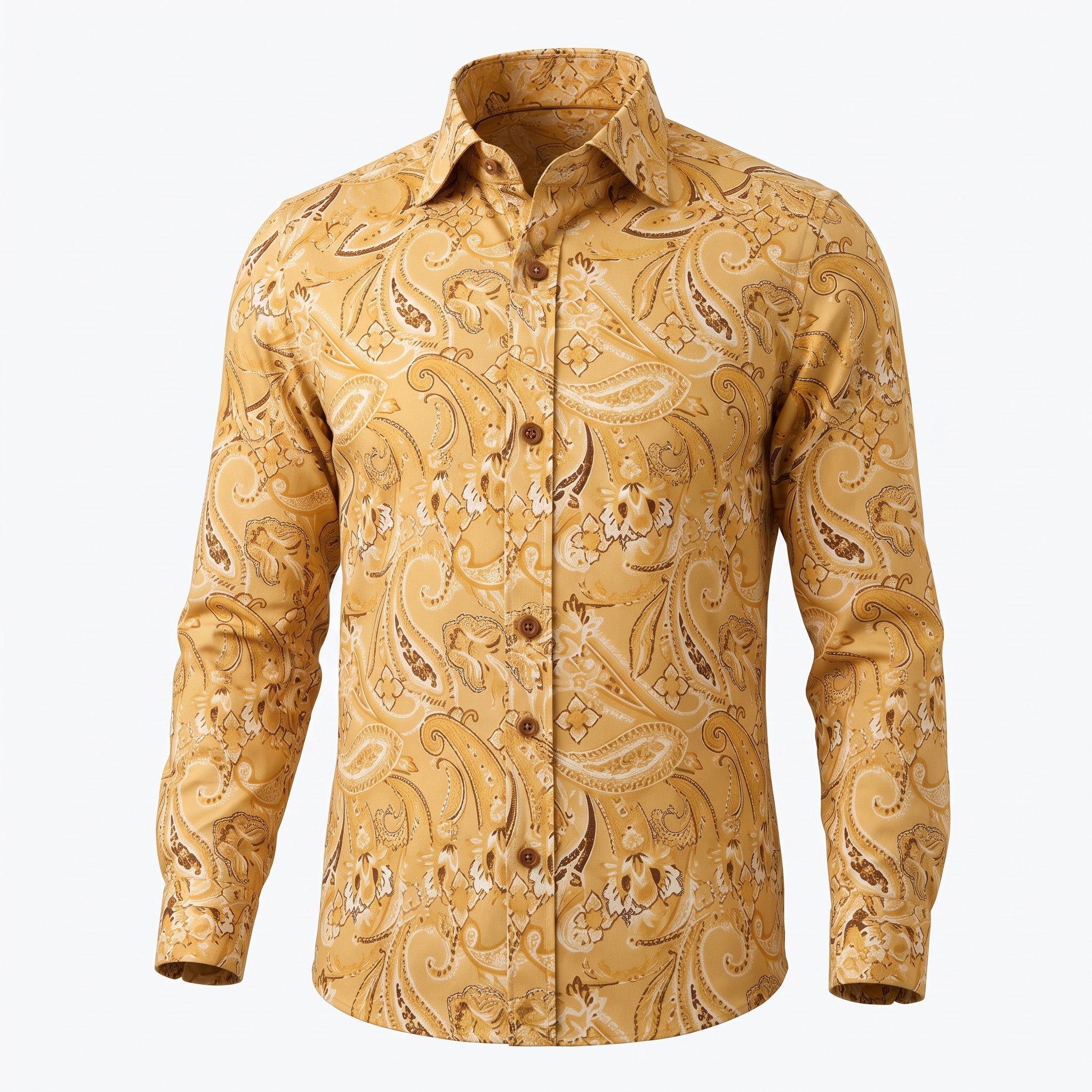 A men's long-sleeve button-up shirt with a classic paisley pattern in mustard yellow, beige, and brown, displayed on a clean white background.