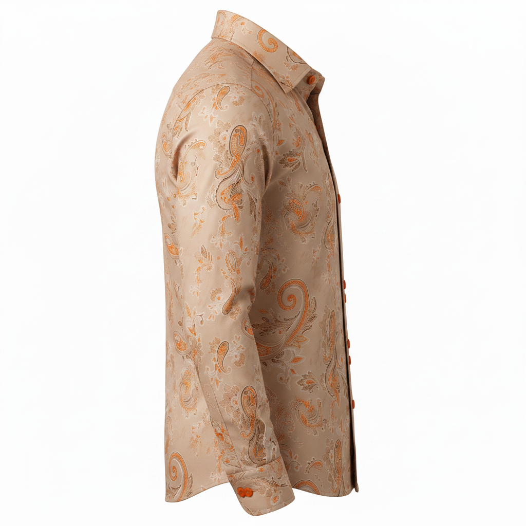 A men's long-sleeve button-up shirt shown in side profile, featuring a beige base with an orange paisley pattern.