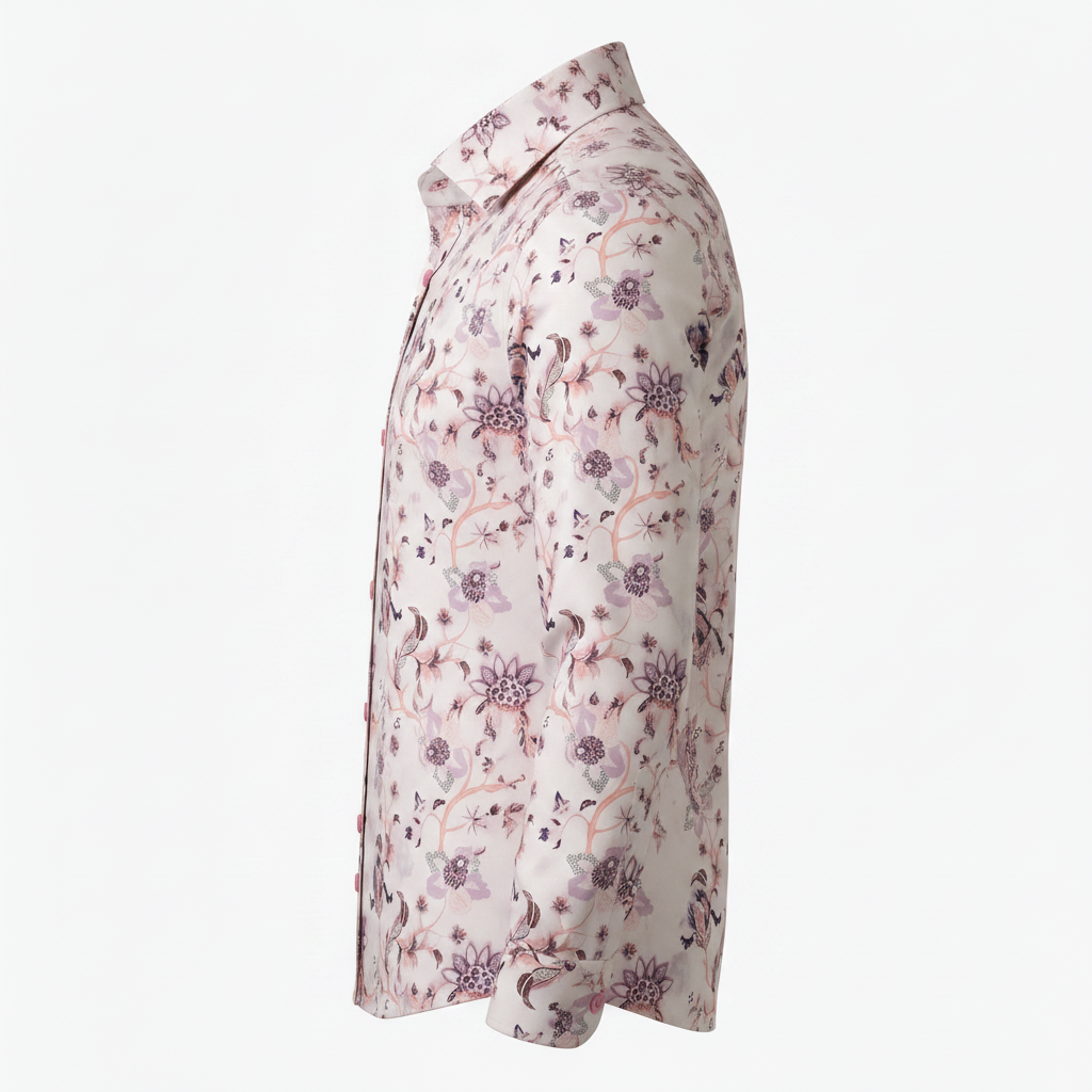 A long-sleeve button-up shirt shown in side profile, featuring an all-over floral and paisley print on a light cream base with dusty pink, purple, and muted orange accents.