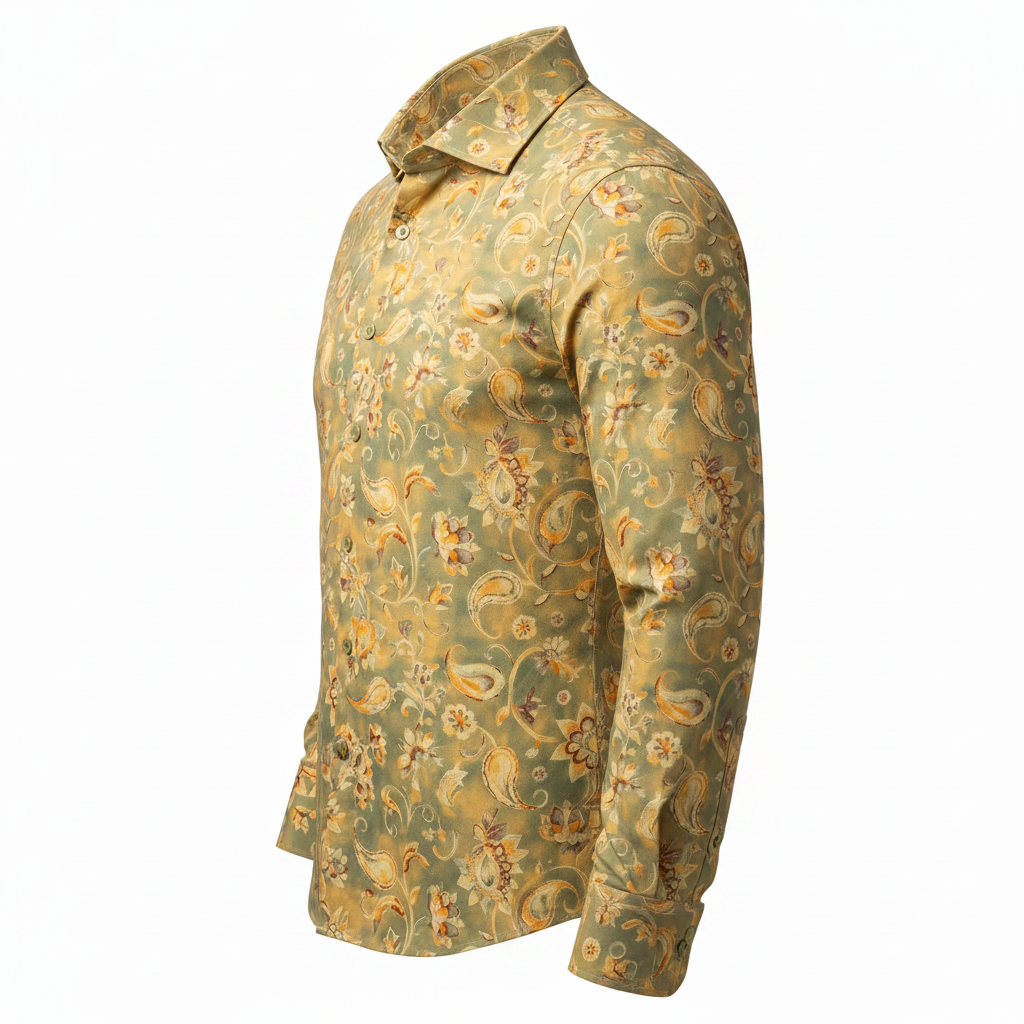 A men's long-sleeve button-up shirt shown in side profile on a white background. The shirt features an intricate paisley and floral pattern in muted green, golden yellow, and beige tones.
