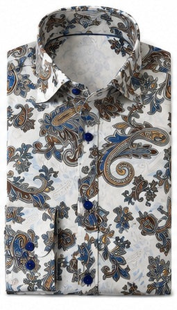 A folded long-sleeve button-up dress shirt with a detailed paisley pattern in blue, brown, and gold on a white base, featuring a pointed collar and dark blue buttons.