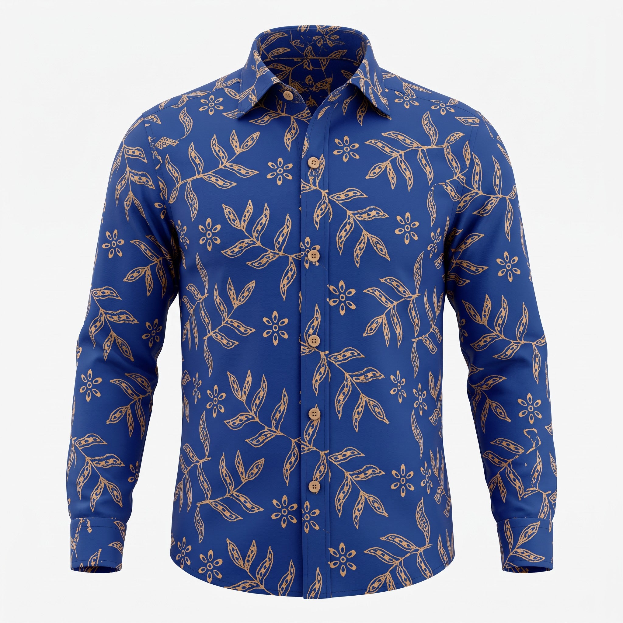 A men's long-sleeve button-up shirt in a vibrant royal blue, featuring an all-over tan botanical leaf and floral pattern, displayed on a clean white background.