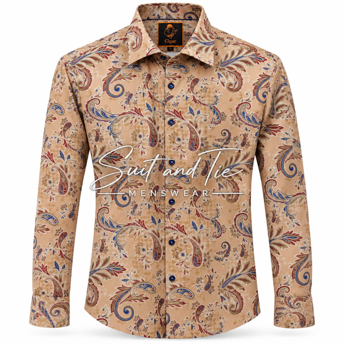 A men's long-sleeve button-up shirt with a beige base and an intricate paisley pattern in blue, red, and brown. The shirt features a classic collar, dark buttons, and a 'Suit and Tie Menswear' watermark across the center.