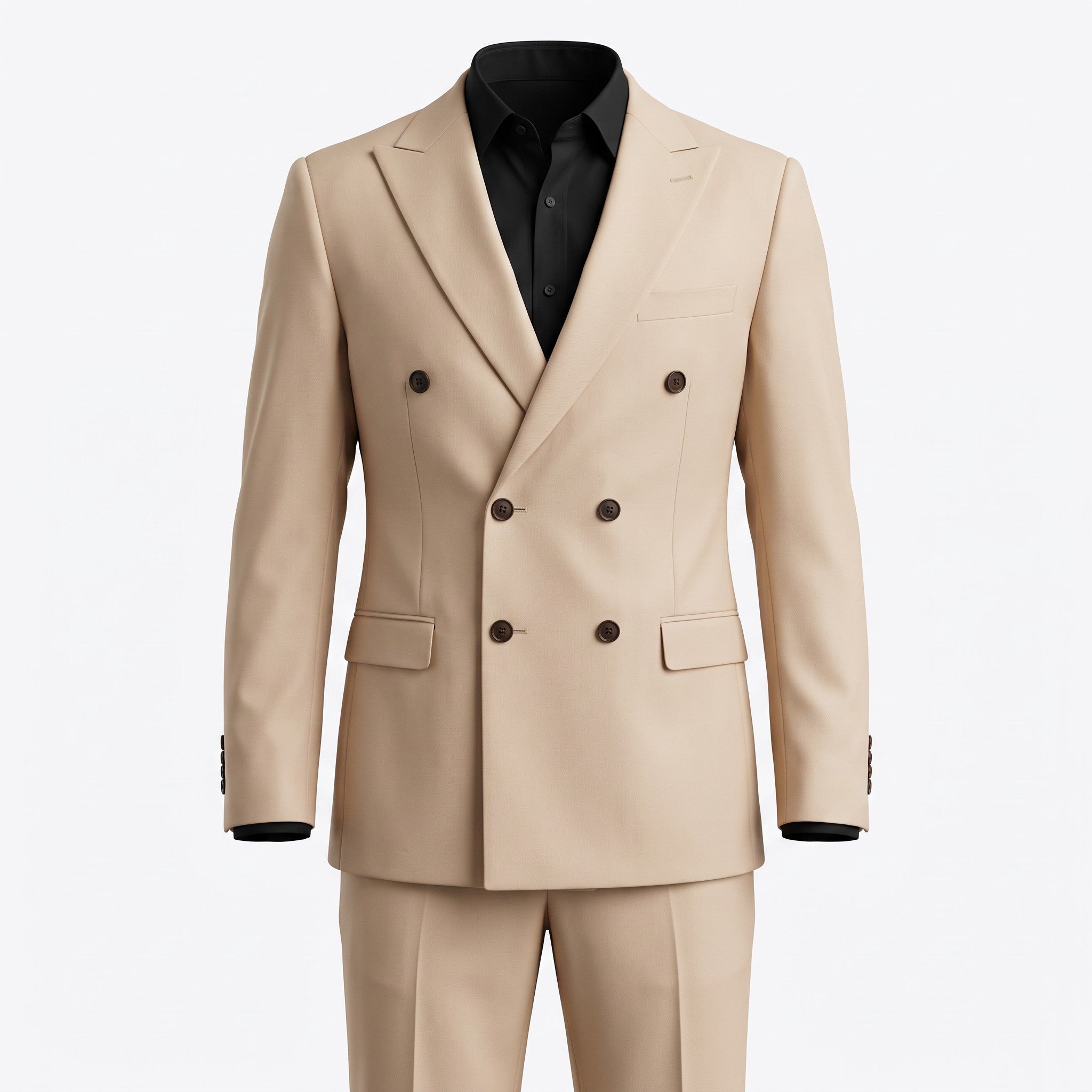 A beige double-breasted suit with a black shirt underneath, displayed on a headless mannequin against a plain white background.
