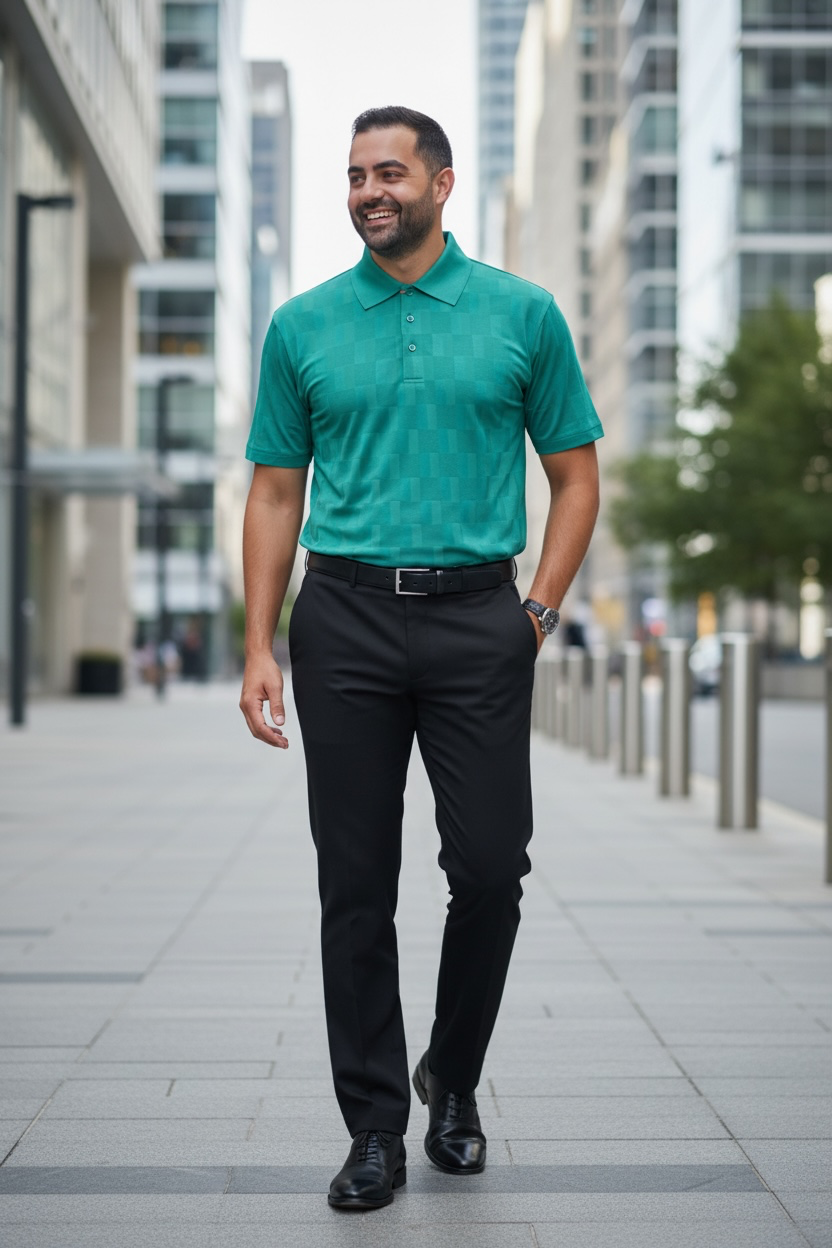Man wearing a green polo shirt and black pants standing on a city street.