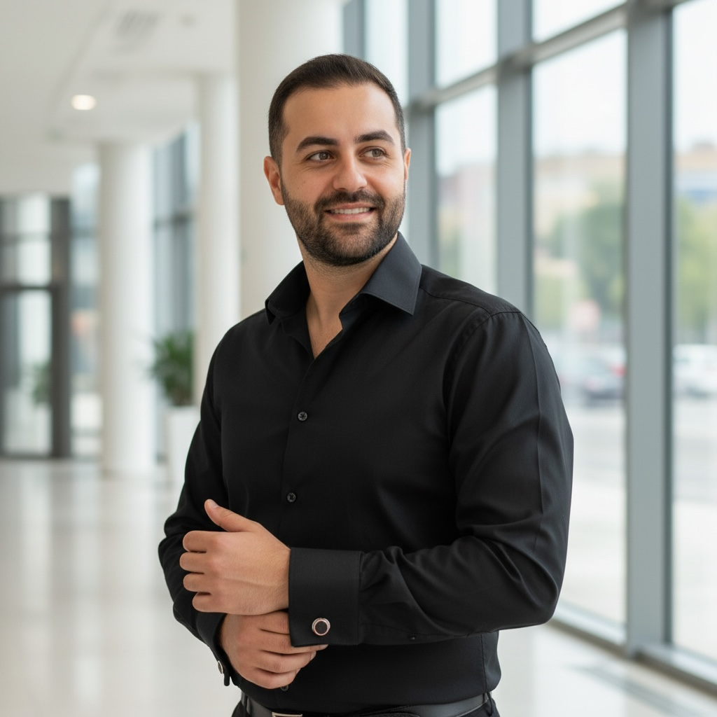 Man in a black shirt standing in a modern office setting with large windows.