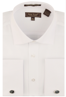 A close-up of a white long-sleeve dress shirt with a pointed collar, buttoned front, and two buttoned cuffs. The inner neck label reads 'Harris Tweed by the island'.