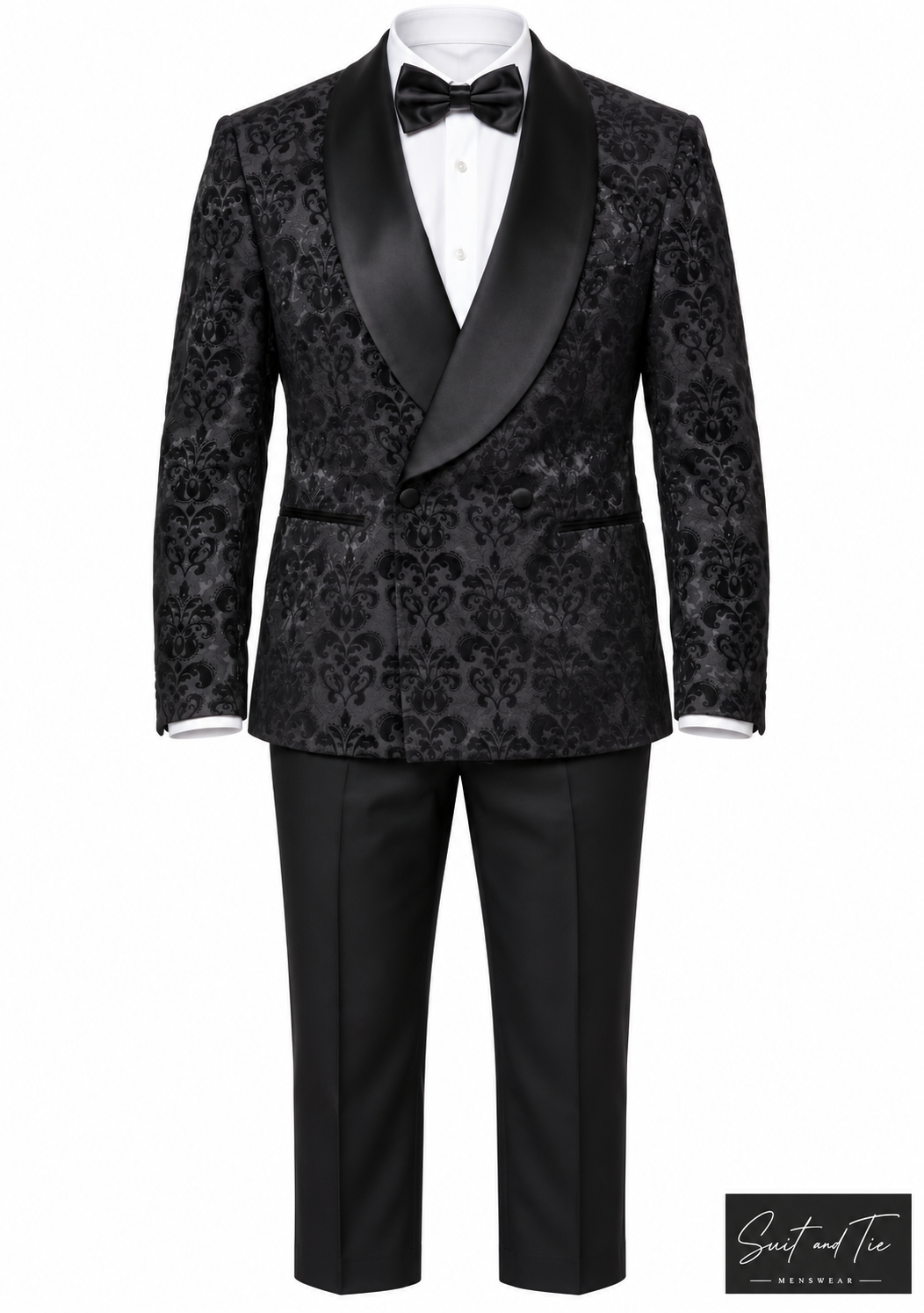A men's formal tuxedo set featuring a black damask patterned jacket with black satin shawl lapels, paired with black trousers, a white dress shirt, and a black bow tie. The 'Sweet and Fine' brand logo is visible in the bottom right corner.