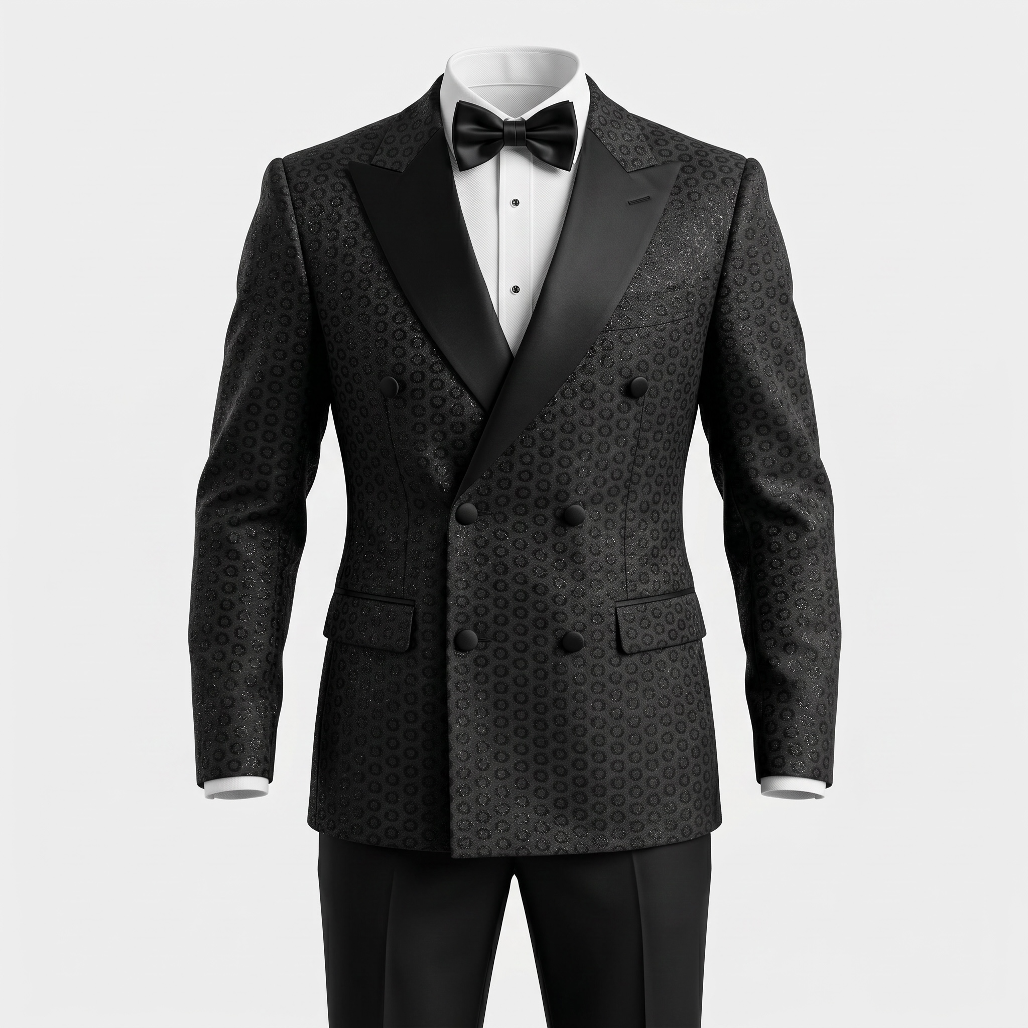 Double Breasted black tuxedo with tuxedo shirt and black bow tie
