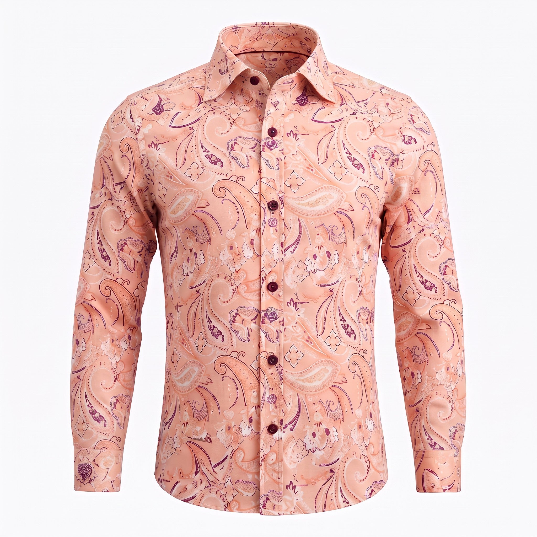 A long-sleeve button-up shirt in a peach-pink base with an intricate paisley pattern in purple, brown, and beige, displayed on a clean white background.