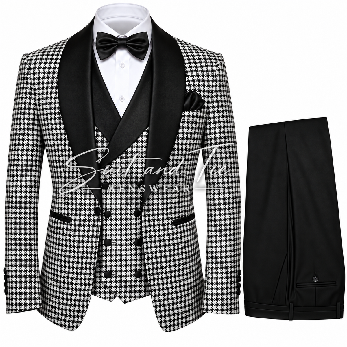A men's formal suit set featuring a black and white houndstooth jacket with black satin peak lapels, a matching black houndstooth vest, black trousers, a white dress shirt, a black bow tie, and a black pocket square. A watermark for 'Scott and Vee Mens Wear' is visible across the center.