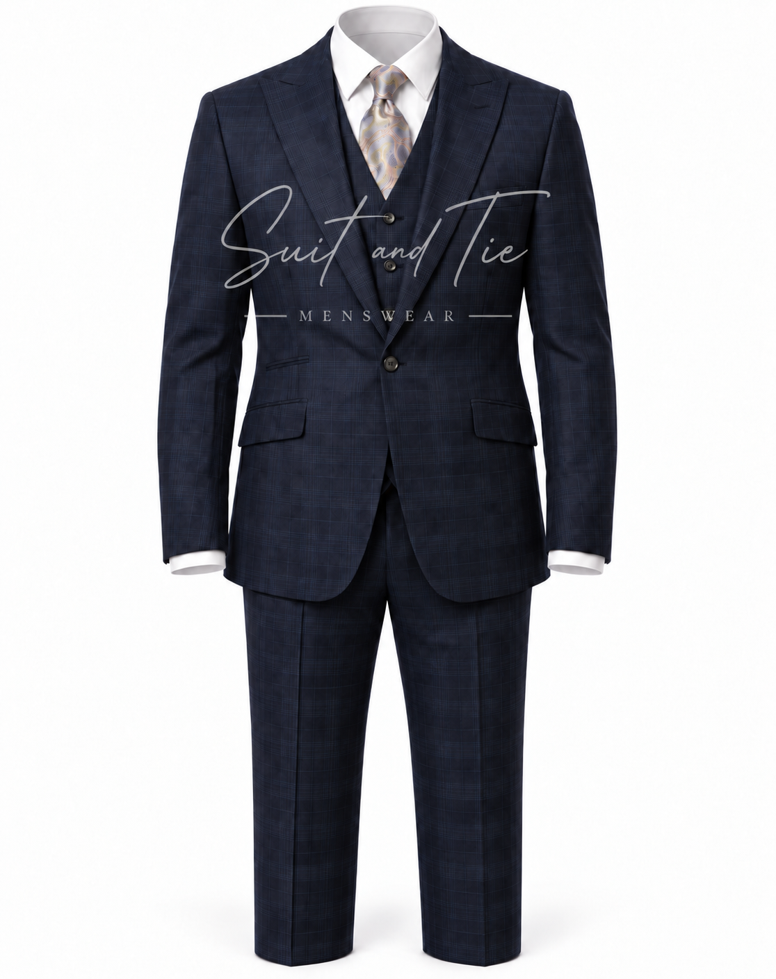 A navy blue three-piece suit with a subtle plaid pattern, styled with a white dress shirt and a light-colored patterned tie, shown on a white background with a 'Suit and Tie Menswear' watermark.