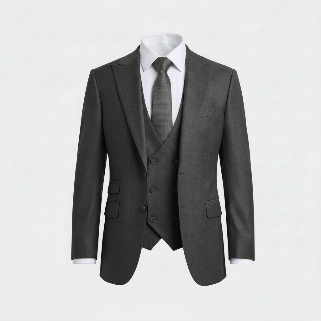 A three-piece charcoal gray suit displayed on a mannequin torso, featuring a single-breasted jacket, matching waistcoat, trousers, and a white dress shirt.