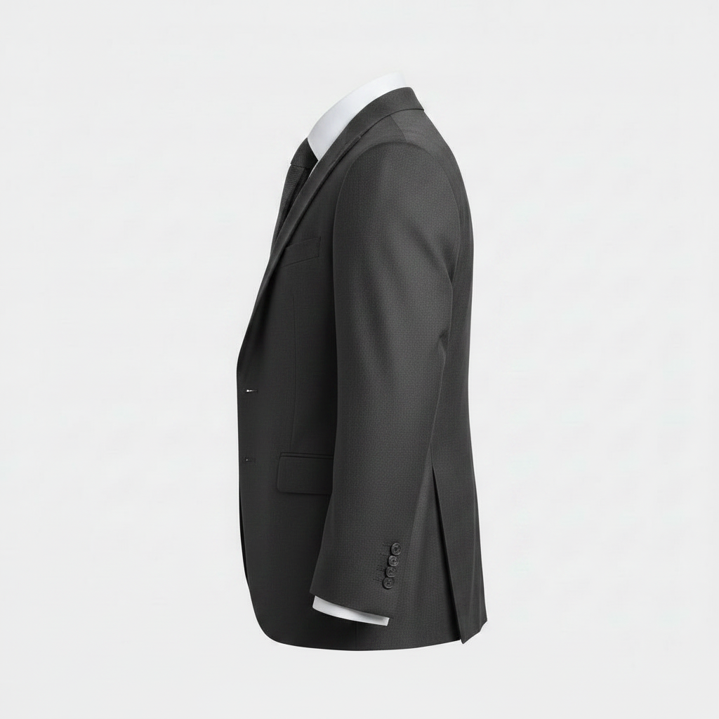 A dark charcoal gray suit jacket displayed on a headless mannequin torso, shown in a side profile view against a clean, light gray background.