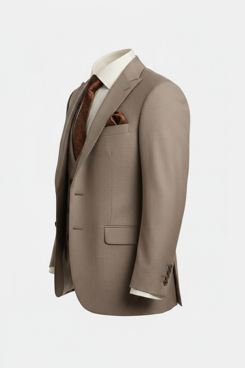 A men's three-piece suit in taupe brown, styled with a white dress shirt, a brown patterned tie, and a matching pocket square, shown on a white mannequin torso against a clean white background.