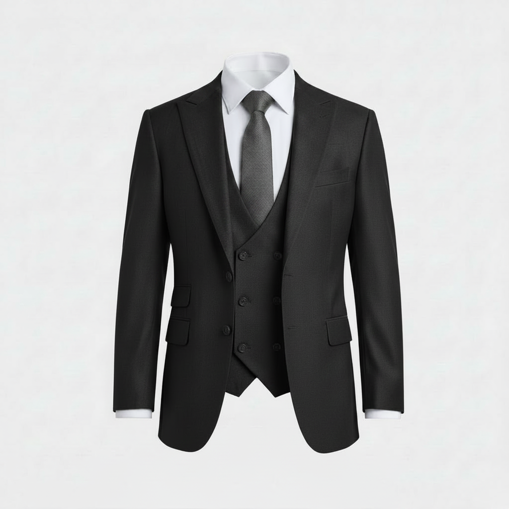 A black three-piece suit including a jacket, matching vest, and trousers, styled with a white dress shirt and a dark gray tie on a light gray background.