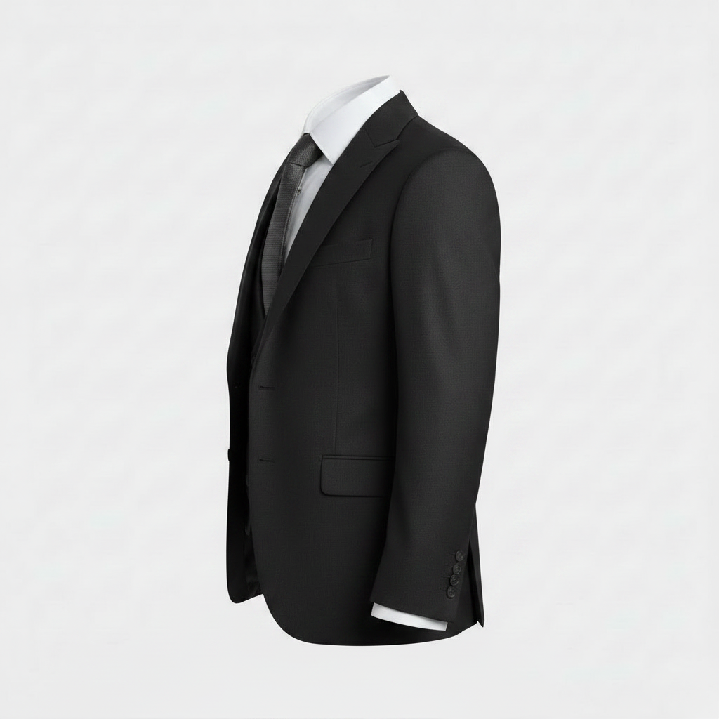 A black three-piece suit including a jacket, matching vest, and trousers, styled with a white dress shirt and a dark gray tie on a light gray background.