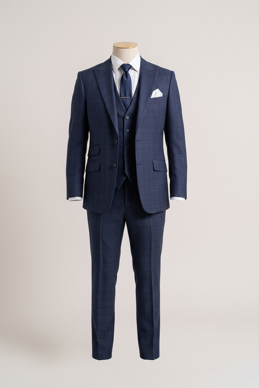 Navy blue three-piece suit with a subtle windowpane check pattern, a matching vest, a blue patterned tie, a white pocket square, and dark dress shoes, standing against a light beige studio background.