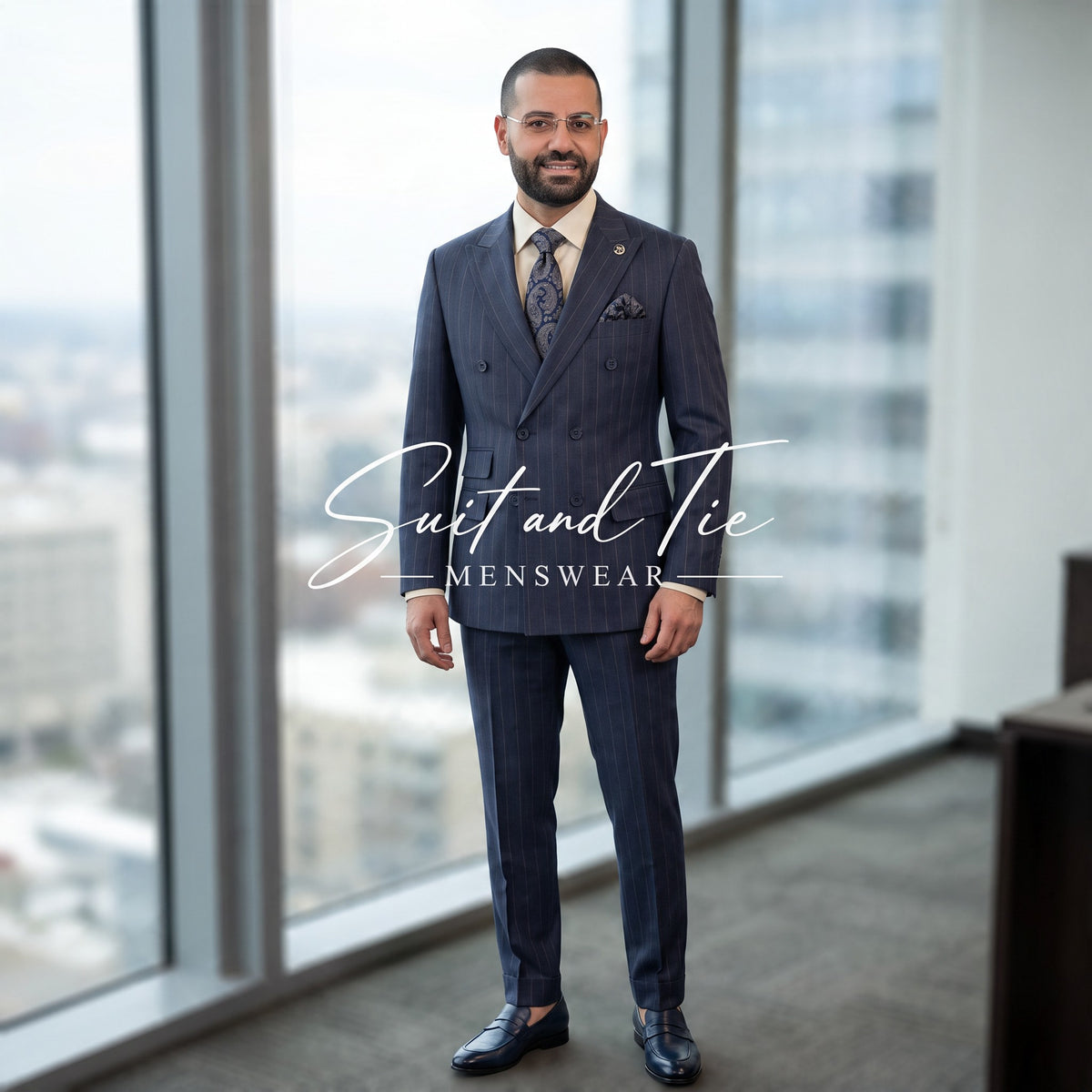 A man wearing a dark navy double-breasted pinstripe suit with a patterned tie and pocket square, standing in front of large windows with a city view. A watermark reading 'Suit and Tie MENSMWEAR' is overlaid across the center.