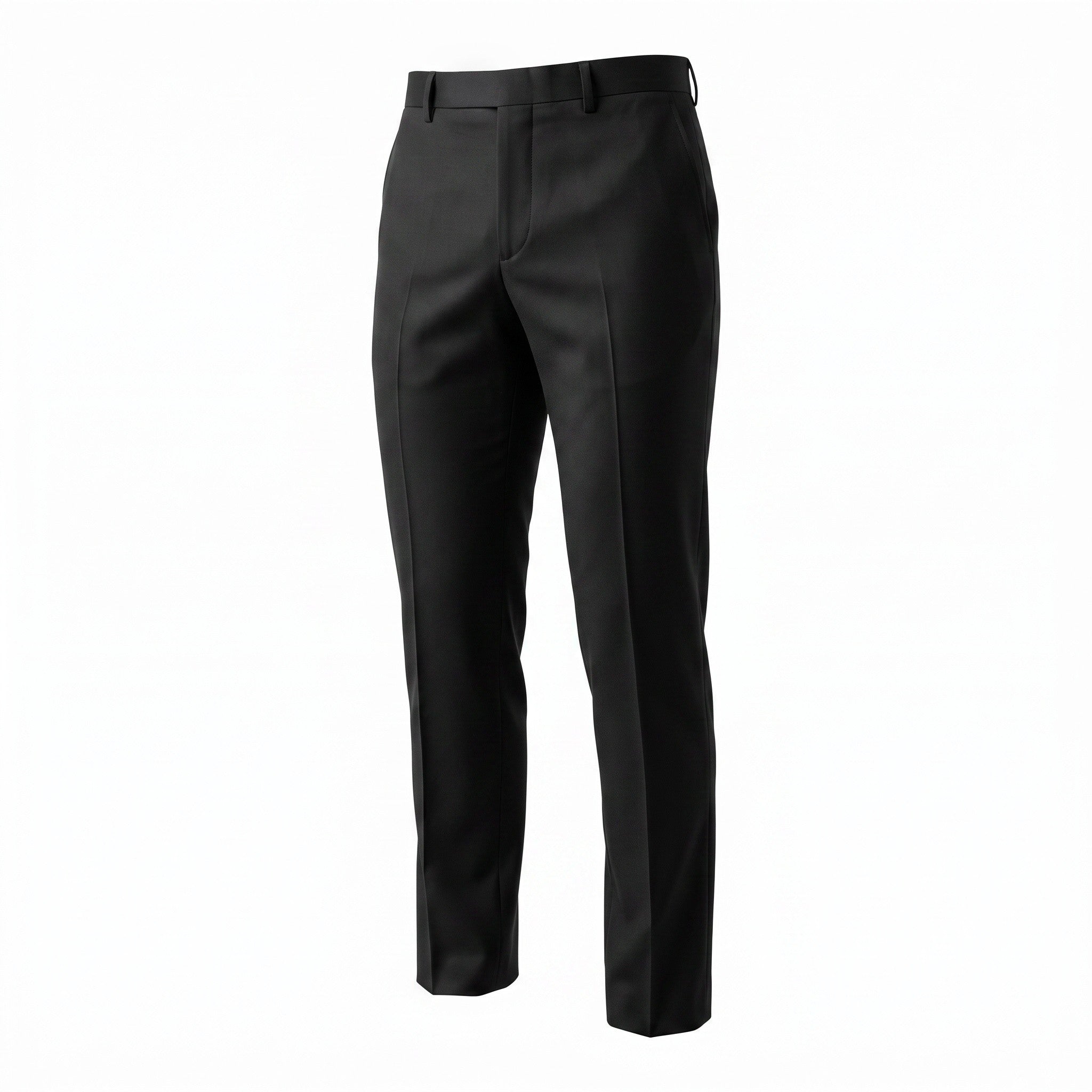 Black men's dress pants shown on a white background, featuring a classic five-pocket design and front creases.
